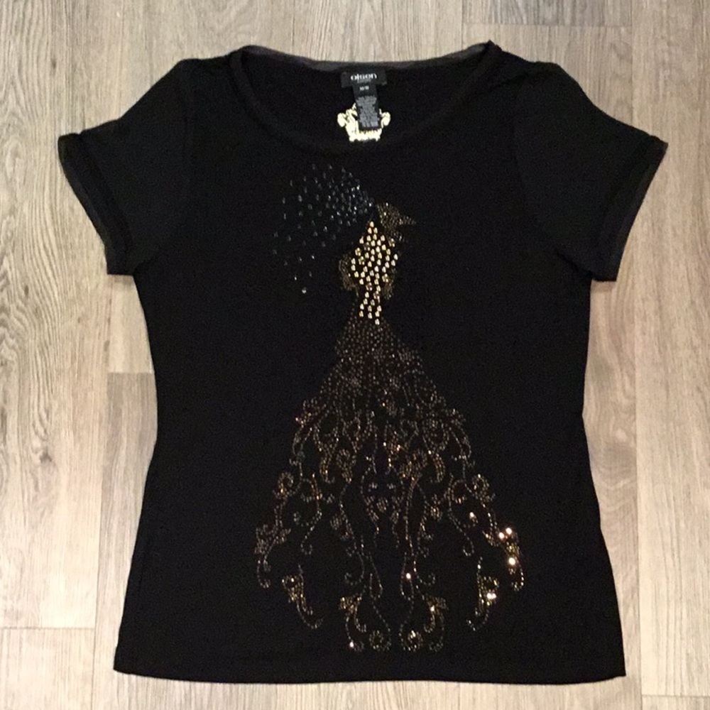 OLSEN Europe Black Crystal Peacock Embellished Blouse Sheer Sleeve M - Picture 3 of 16